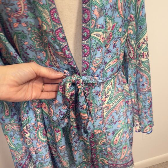 100% Silk Belted Kimono Robe W/ Bell Sleeves. Made In India. Vibrant Midi Blue - Picture 6 of 12